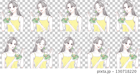 サラダを食べる女性イラストセット｜健康・美容・ライフスタイル 130718220