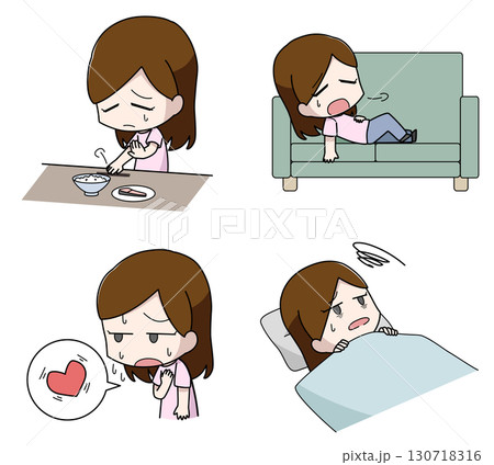 うつ病の身体的症状のイラスト4種類セット・女性 130718316