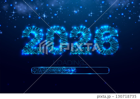New year 2026 loading. Loading bar. Low poly style design. Numbers from a polygonal wireframe mesh. Abstract vector illustration on dark background 130718735