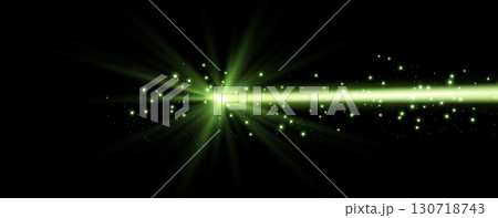 Green horizontal laser beam. Neon line, presentation pointer. Green glow flare light effect. Vector illustration. Isolated on black background. 130718743