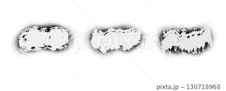 Black stippled paint brush shape set. Dotted aerosol particles and grainy banner collection. Rough noise stencil stains and spots bundle. Grunge dusty sand texture frame or border pack. Vector 130718968