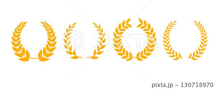 Golden laurel wreath collection. Gold circle winner trophy decor elements for award banner, emblem, label, badge. Retro Greek triumph ornament pack. Vector vintage round branches with olive leaves set 130718970