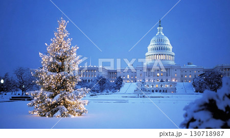 Snow Covered Capitol Building with Brightly Lit Christmas Tree at Night 130718987