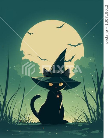 ハロウィンと魔女帽子をかぶった黒猫 130719012