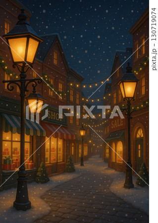 Festive shopping street with glowing lanterns and snowflakes falling gently at night, cozy shops decorated with lights and holiday greenery creating warm, inviting atmosphere 130719074