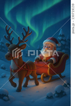 Santa Claus riding sleigh pulled by reindeer under northern lights in snowy forest at night, magical winter scene with glowing sky and festive atmosphere Santa Claus riding sleigh pulled by reindeer under northern lights in snowy forest at night, magical winter scene with glowing sky and festive atmosphere 130719139