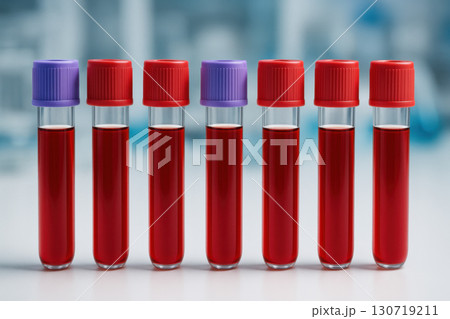 Seven medical blood sample vials filled with red liquid arranged in row on clinical laboratory surface, representing analysis and diagnostics with clear focus and bright lighting 130719211