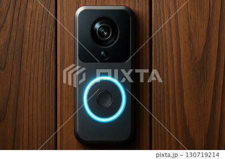 Smart video doorbell with glowing ring light mounted on wooden wall modern home security technology close up detailed product shot 130719214
