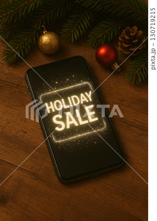 Holiday sale glowing on smartphone screen with festive pine branches, pine cone, and Christmas ornaments on wooden surface creating warm holiday atmosphere 130719215