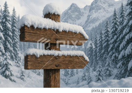 Snow covered wooden signpost in snowy alpine forest with tall pine trees and mountain peaks, evoking winter travel, navigation, and adventure in serene natural setting 130719219
