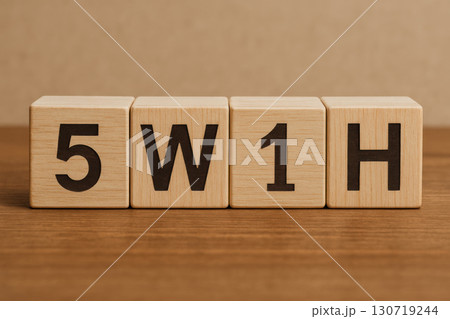 5W1H concept on wooden blocks with brown background, symbolizing problem solving and project management, close up view of business strategy and analysis tools 130719244
