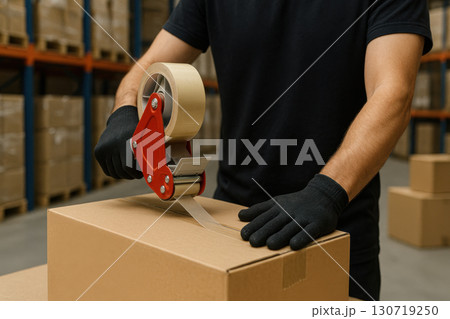 Worker in black gloves sealing cardboard box with tape in warehouse environment, surrounded by stacked boxes, showing logistics and packaging process Worker in black gloves sealing cardboard box with tape in warehouse environment, surrounded by stacked boxes, showing logistics and packaging process 130719250