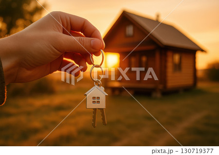 Hand holding house shaped keychain with keys in front of wooden house at sunset, symbolizing home ownership and new beginnings with warm light and cozy atmosphere 130719377