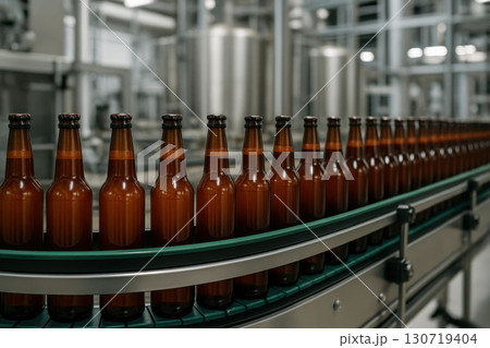 Amber beer bottle conveyor belt brewery industrial beverage production stainless steel machinery factory assembly line manufacturing 130719404