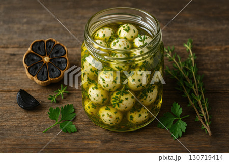 Glass jar filled with marinated mozzarella balls in olive oil with fresh herbs and black garlic on rustic wooden table, creating gourmet appetizer with vibrant green and black accents 130719414