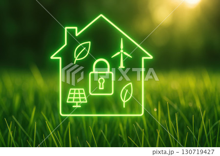 Green smart home icon with eco friendly symbols glowing interface on grass field sustainable technology innovation natural sunlight 130719427