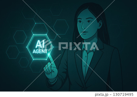 AI agent concept with businesswoman touching futuristic digital interface glowing hexagon shapes and technology background showing innovation and intelligence 130719495
