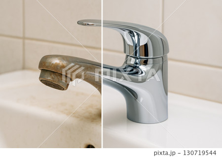 Rusty dirty faucet versus shiny polished new tap in bathroom sink showing before and after cleaning concept for home improvement and maintenance with clear contrast 130719544
