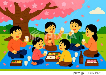 春のお花見ピクニックを楽しむ家族のイラスト 春のお花見ピクニックを楽しむ家族のイラスト 130719730