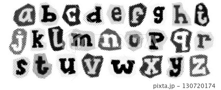 Black halftone alphabet. Retro pixelated lowercase font design. Comic pop art cut out letters. Grunge textured dotted abc. Old newspapers typography set. Rasterized bitmap English alphabet. Vector 130720174