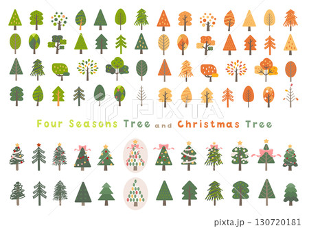 シンプルで可愛いクリスマスツリーと新緑と紅葉の木のイラスト素材 130720181