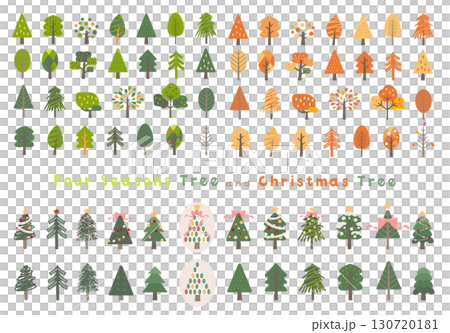 シンプルで可愛いクリスマスツリーと新緑と紅葉の木のイラスト素材 130720181