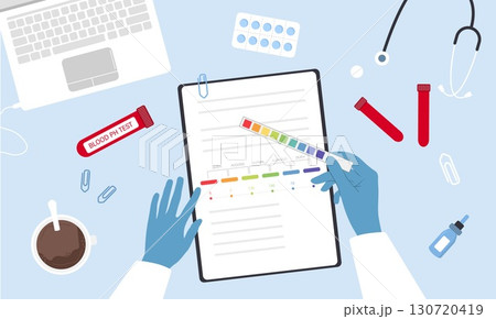 Ph blood test. Top view doctor workplace with test tubes, pills and stethoscope. Medical check up. Vector illustration in flat cartoon style 130720419
