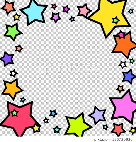 醒目的插畫相框，白色背景點綴著五彩繽紛的星星。正方形。 130720936