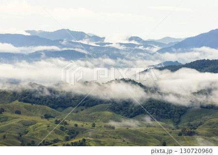 Landscape of Morning Mist with Mountain Layer. mountain ridge and clouds in rural jungle bush forest 130720960