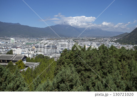 Beautiful view of the Jade Dragon Snow Mountain and the Suocui Bridge over the Black Dragon Pool in the Jade Spring Park, Lijiang, Yunnan 130721020