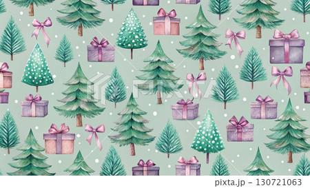 Seamless vintage Christmas pattern hand-drawn pencil style fir trees and wrapped gift boxes with ribbons 130721063
