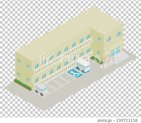 アイソメトリックな入居型の介護施設をイメージした建物のイラスト素材 130721138