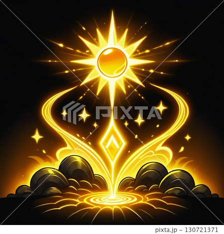 A radiant celestial burst: A golden sunbeam descends from a shining star, illuminating dark clouds below. A radiant celestial burst: A golden sunbeam descends from a shining star, illuminating dark clouds below. 130721371