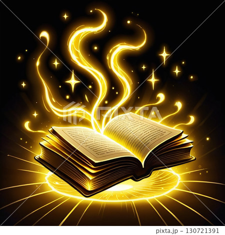 An open magical book glows with radiant light, stars, and swirling energy, creating a mystical and enchanting scene. 130721391