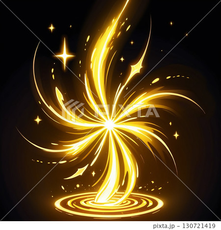 A radiant golden energy vortex bursts with bright light, shining and sparkling against a dark background. 130721419