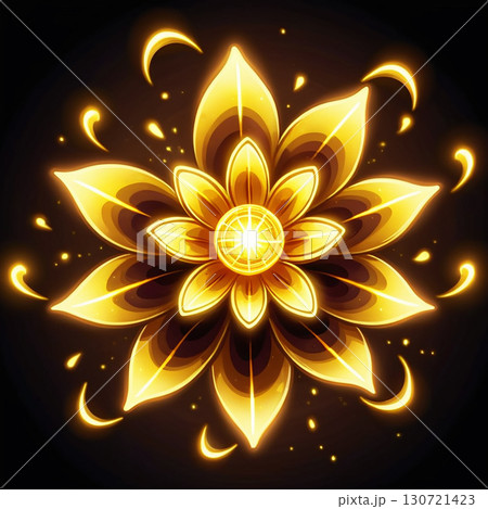 A radiant golden flower glows with bright petals and a luminous center against a dark background. A radiant golden flower glows with bright petals and a luminous center against a dark background. 130721423