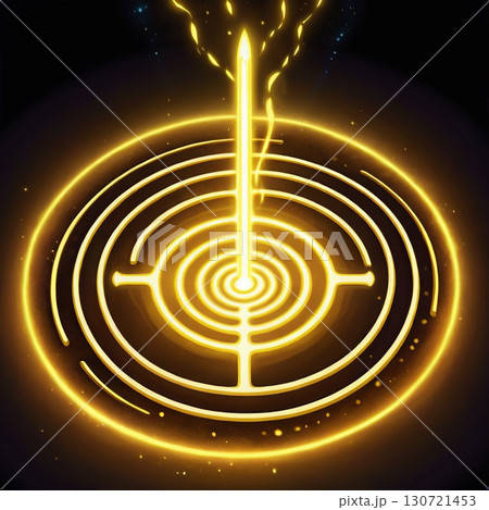 Golden Sword Pierces Glowing Concentric Circles, Mystical Energy Radiates. Golden Sword Pierces Glowing Concentric Circles, Mystical Energy Radiates. 130721453