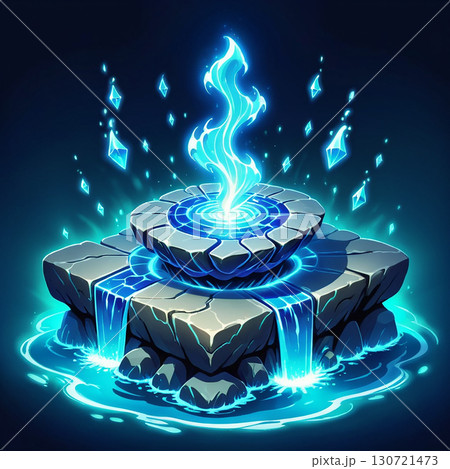 Mystical blue fountain with glowing crystals and magical energy flows, a captivating digital art piece. 130721473