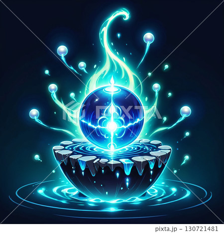 A mystical blue orb radiates energy, floating on a dark pedestal amidst glowing tendrils and luminous pearls. 130721481