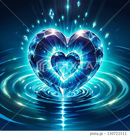 A luminous blue heart-shaped gem gracefully floats on calm blue waters, radiating an enchanting glow. A luminous blue heart-shaped gem gracefully floats on calm blue waters, radiating an enchanting glow. 130721511