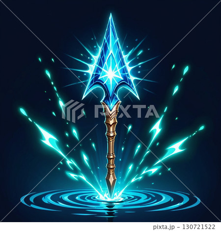 Glowing blue crystal spearhead piercing water, creating magical ripples and a golden shaft; a fantasy game asset. 130721522