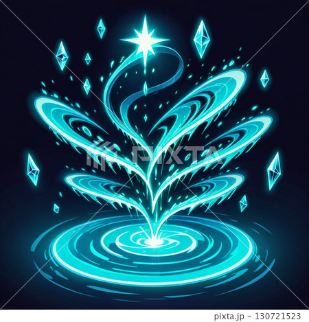 Mesmerizing blue energy swirls into a captivating vortex, surrounded by floating crystals, creating a magical scene. 130721523