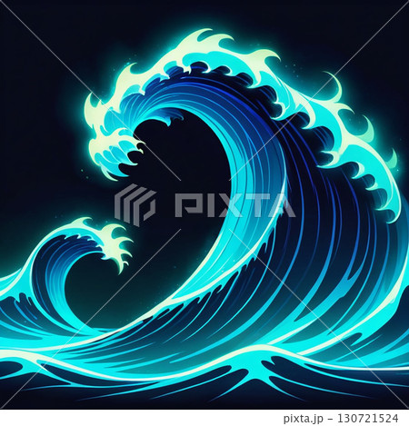 Glowing blue waves in the dark ocean, an abstract and beautiful art piece. 130721524