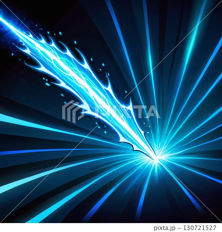 A vibrant blue energy beam explodes with light and speed across a dark background, creating a dynamic and powerful visual effect. 130721527