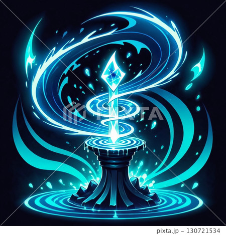 Mystical Blue Crystal Sword: A radiant fantasy weapon rests on a dark stone pedestal, surrounded by swirling blue energy. 130721534