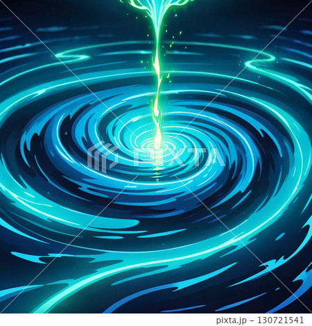 Mesmerizing glowing green liquid spirals into a vibrant blue water vortex, creating captivating concentric circles. 130721541