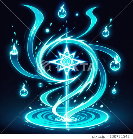 A radiant star bursts with blue energy, surrounded by a swirling vortex and floating orbs of light, creating a mystical and captivating scene. 130721542