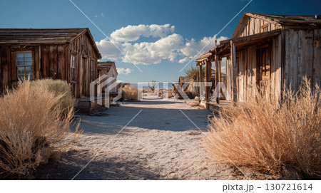 Old wooden buildings desert ghost town tumbleweed dry landscape blue sky Old wooden buildings desert ghost town tumbleweed dry landscape blue sky 130721614