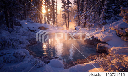 Snowy forest hot spring with rising steam, warm sunlight, tranquil winter landscape 130721616