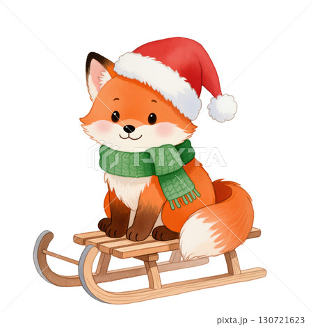 Christmas cartoon fox wearing Santa hat and green scarf sitting on wooden sled. Cute festive winter animal illustration. Isolated on transparent background. 130721623